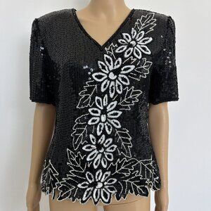 Vintage Stenay Black & White beaded Sequin Top